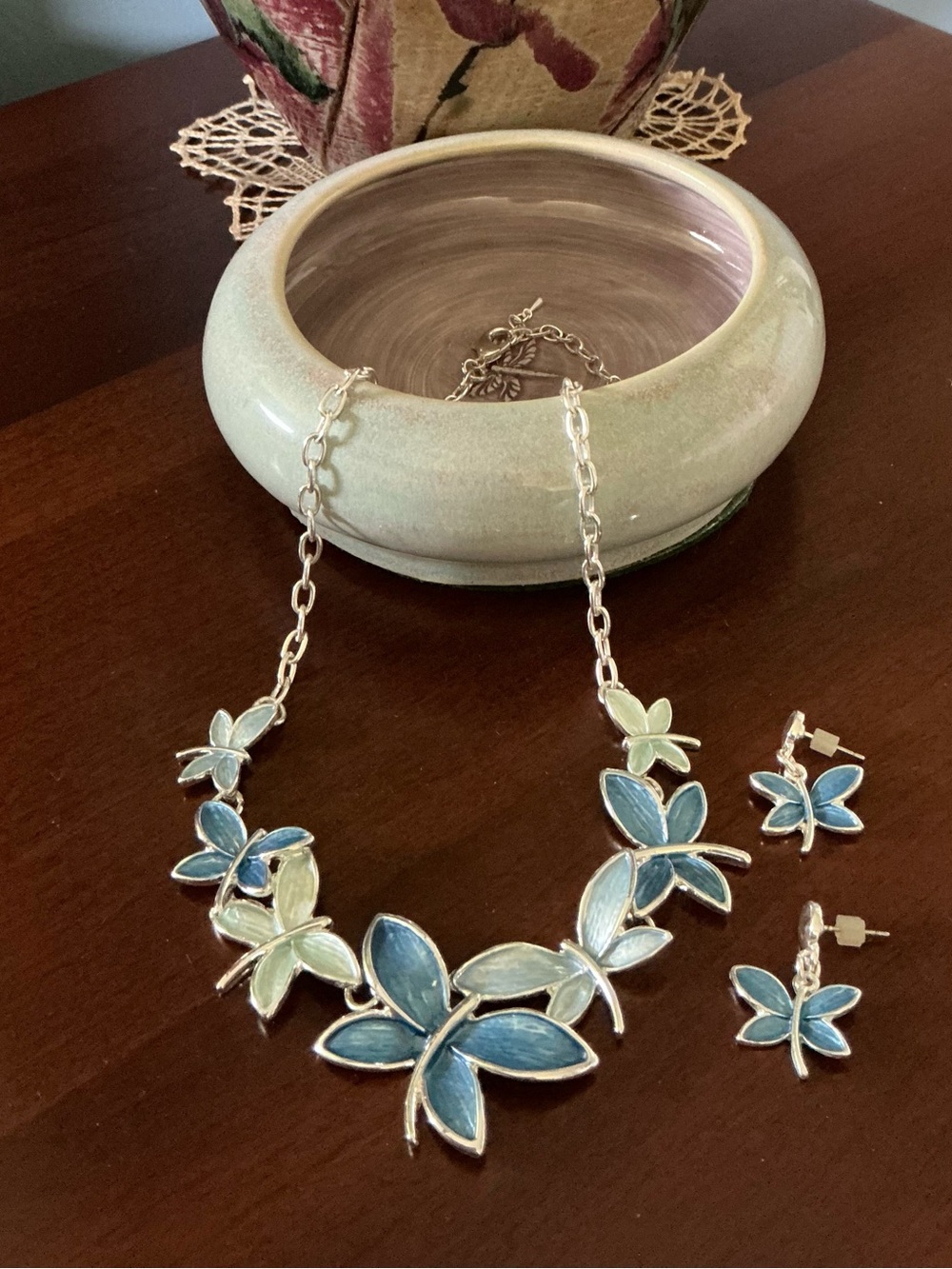 Sterling Tone Blue & Light Green Butterfly Necklace and Earrings Set